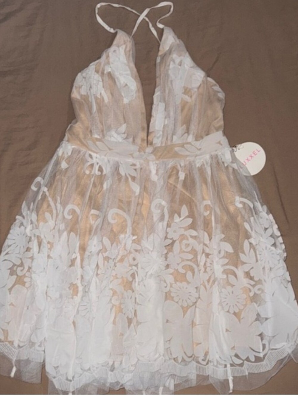 Nwt LUXELLE White Nude Lace Skater Dress Bridal Velvet Wedding Coquette Tulle
